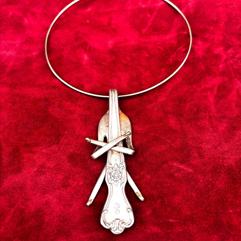 Hand crafted bent fork cello player   Pendant Necklace in Silver plate frame